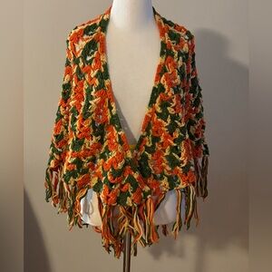 Vintage Crochet Shawl Shaw Tassels Triangle scarf Green Orange Grandma core